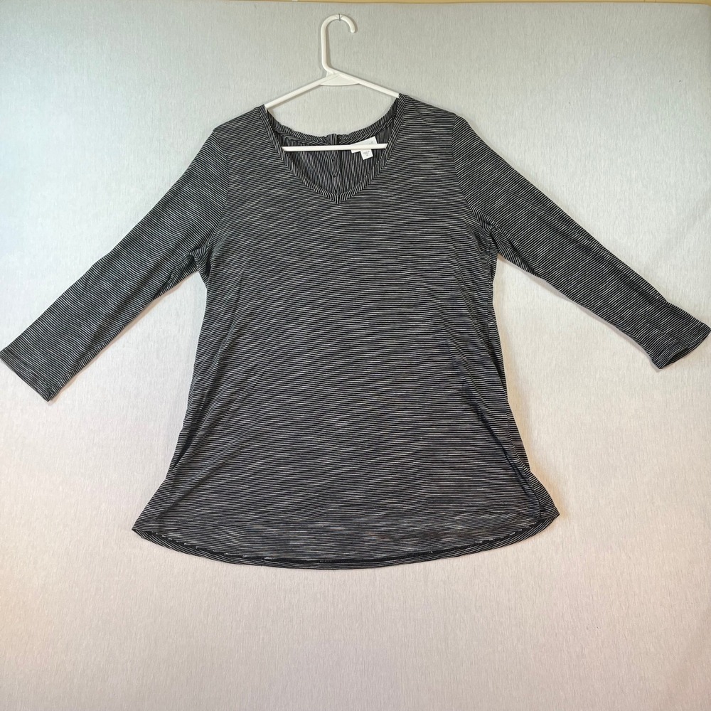 J Jill Top Womens M Black White Striped V-Neck Long Sleeve Button Back